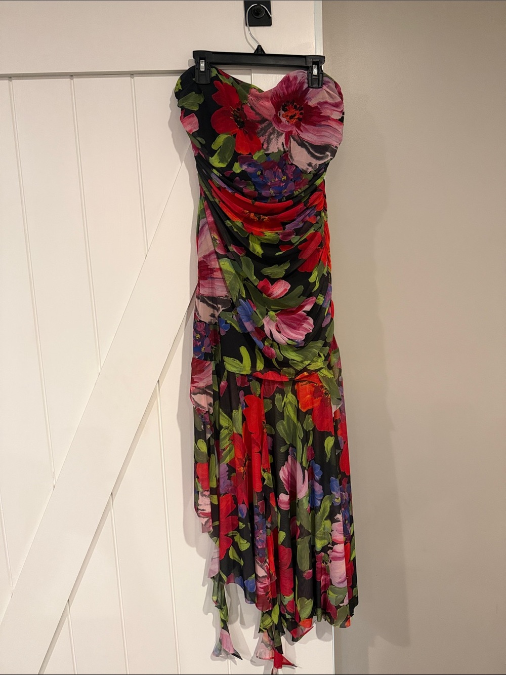Aqua Strapless Floral Midi Dress in Black, Red, Pink and Green